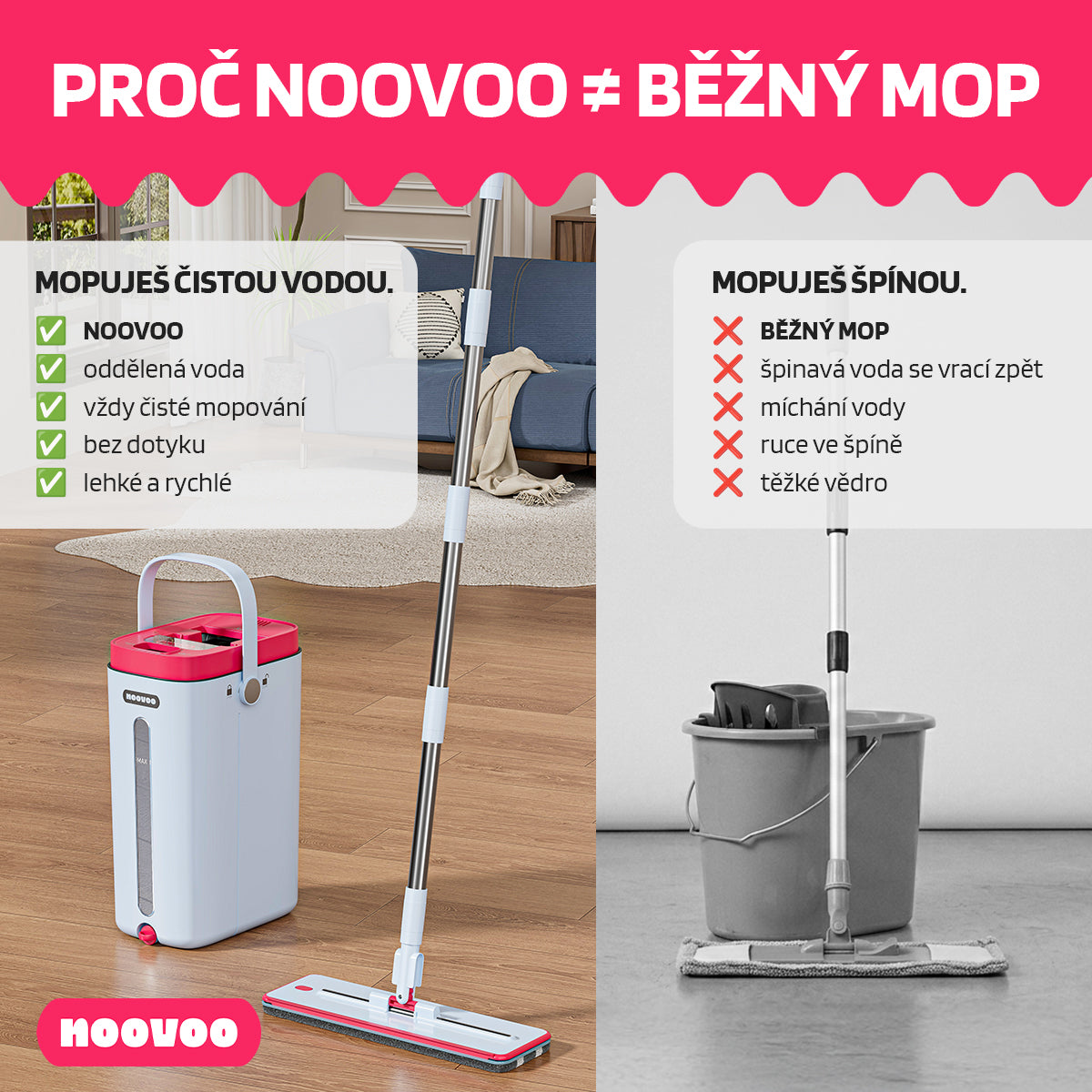 NOOVOO dvoukomorový plochý mop samočistící 2 návleky