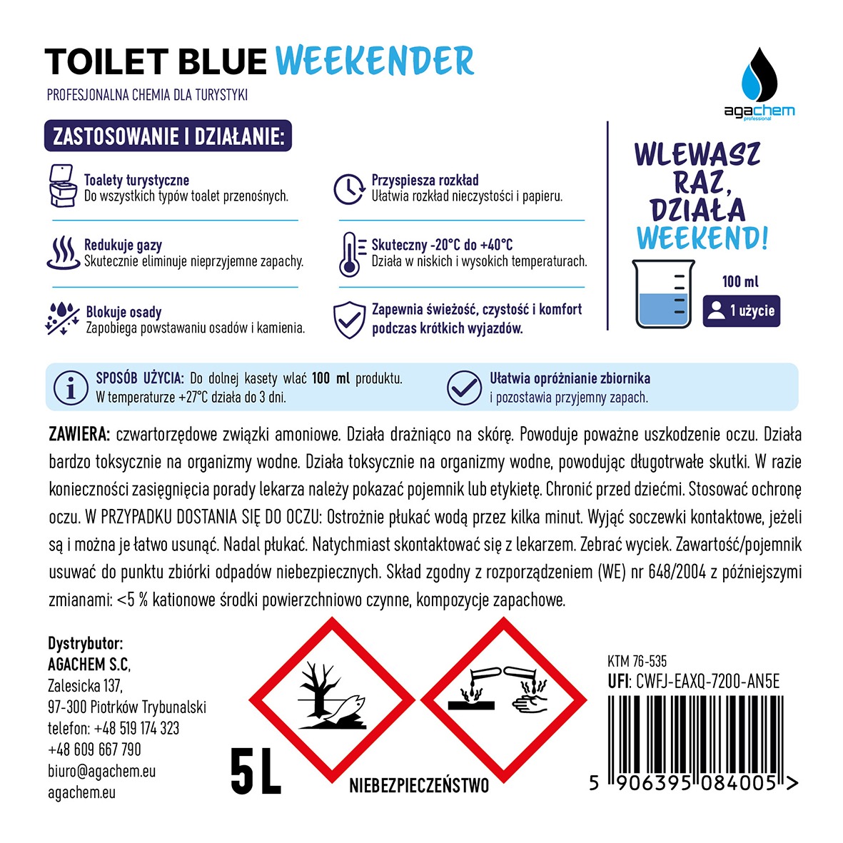 AgaChem Toilet Blue Weekender tekutina 5 l na víkend