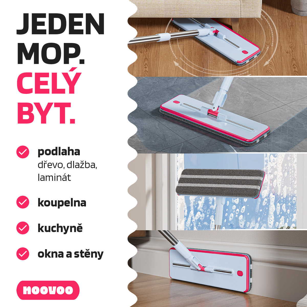NOOVOO dvoukomorový plochý mop samočistící 2 návleky